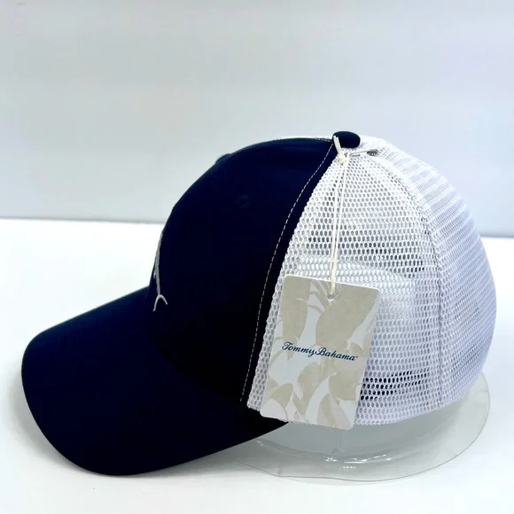 TOMMY BAHAMA CAP HAT, FRONT IS NAVY WITH SILVER EMBROIDERED LOGO, WITH NAVY MESH